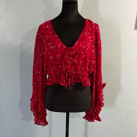 Lush Floral Chiffon Wrap Cropped Blouse size L - Picture 3 of 7